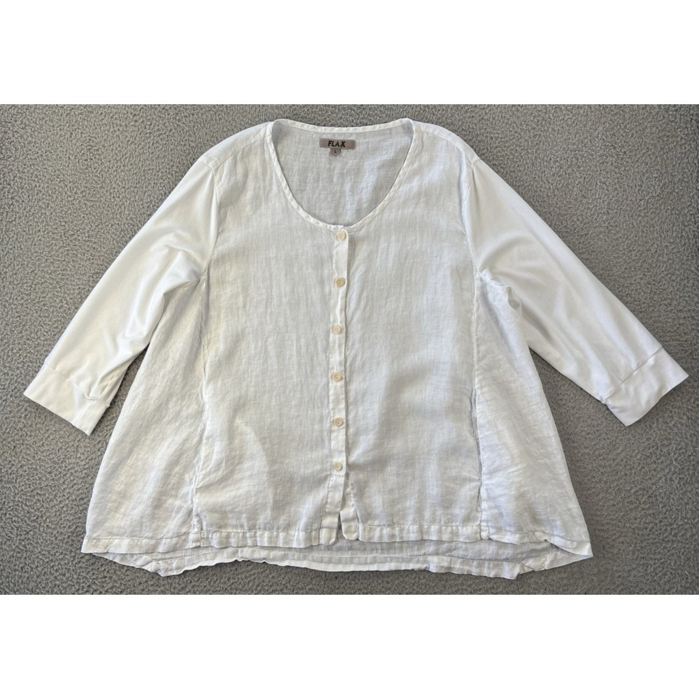 FLAX Top Womens Large Button Up Oversized Pockets Lagenlook White Beachy Resort